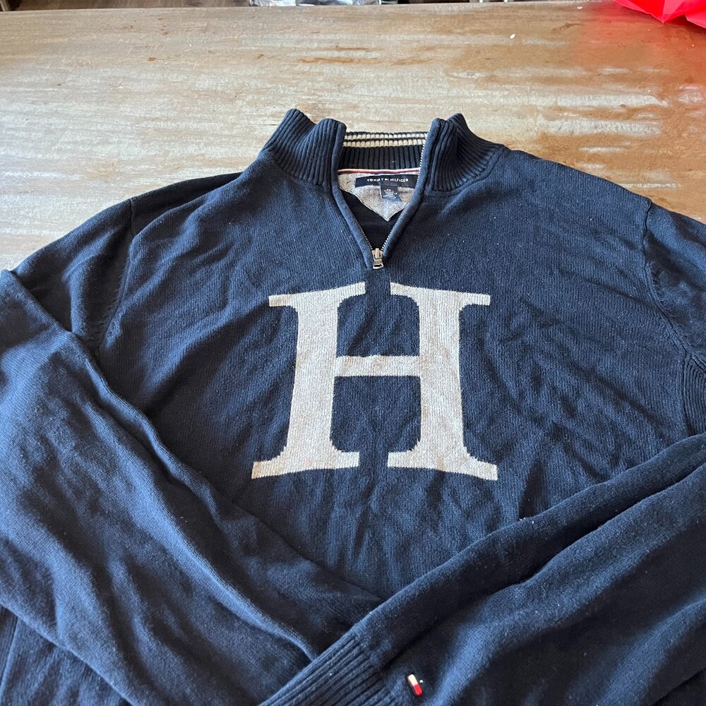 Tommy blue 1/4 zip monogram sweater